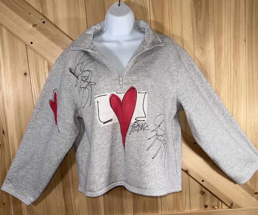 Victoria Artsy Hand Painted Heart 1/4 Zip Boxy Crop Heather Gray Sweatshirt Sz S